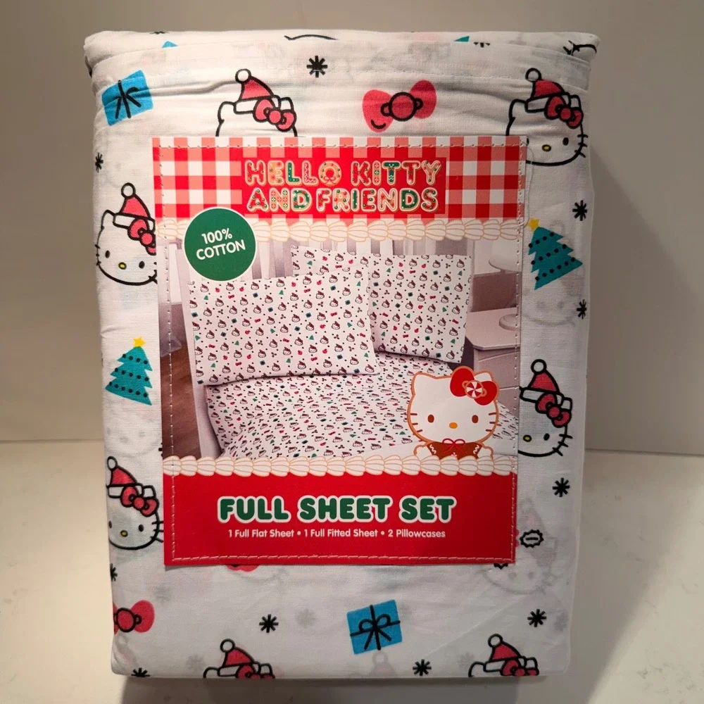 Hello Kitty Sanrio White 100% Cotton 4 Piece Full Sheet Set NEW Holiday Kids Bed